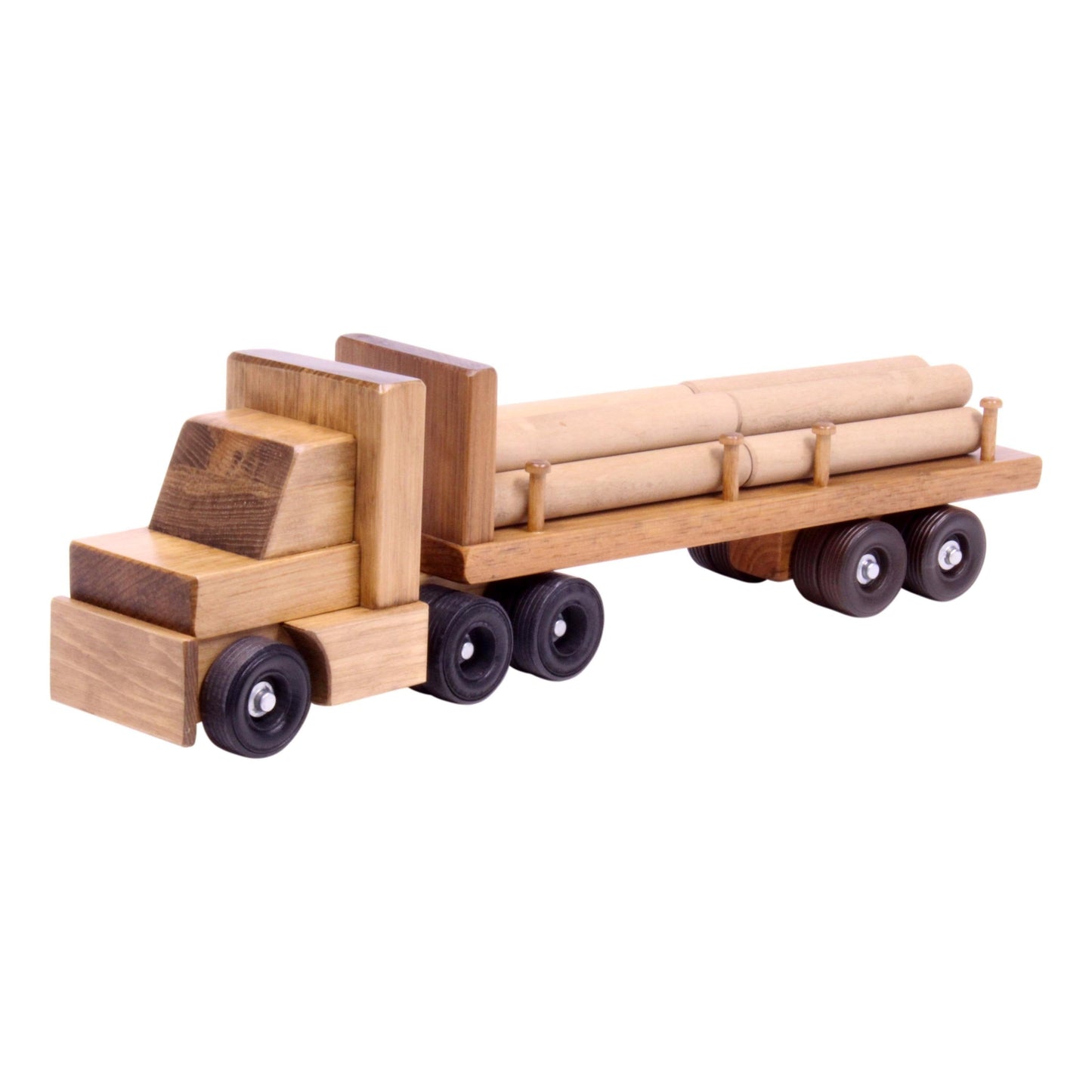Amish-made wooden log semi-truck toy with removable logs, part of AmishToyBox.com's wooden train and truck collection.