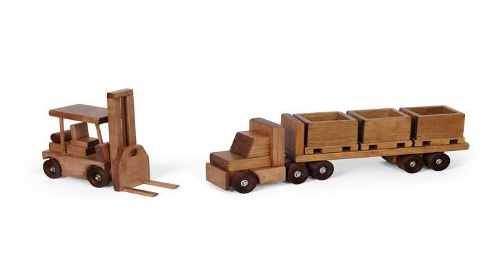Amish-made large wooden truck and bin trailer with forklift toy set, wooden train and truck toys for children.