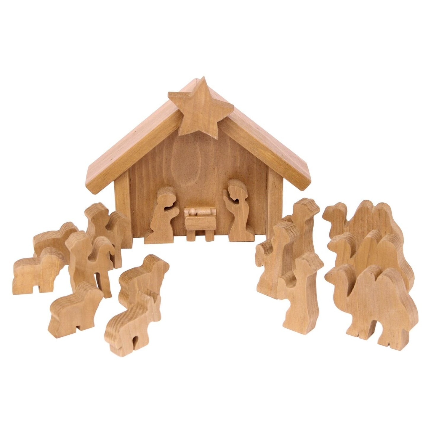AmishToyBox.com wooden nativity manger scene set with 14 pieces, including figures of Mary, Joseph, baby Jesus, animals, and shepherds.