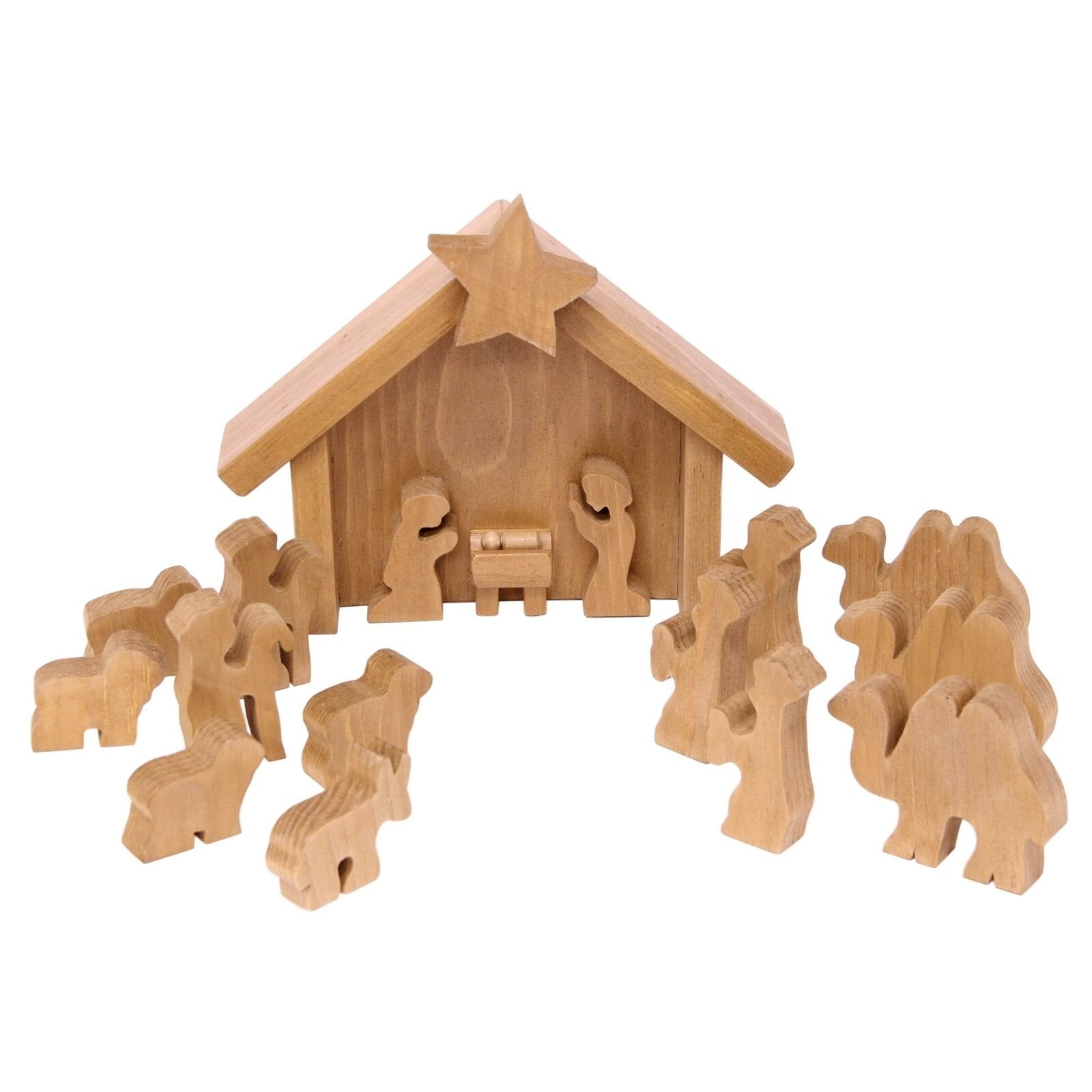 AmishToyBox.com wooden nativity manger scene set with 14 pieces, including figures of Mary, Joseph, baby Jesus, animals, and shepherds.