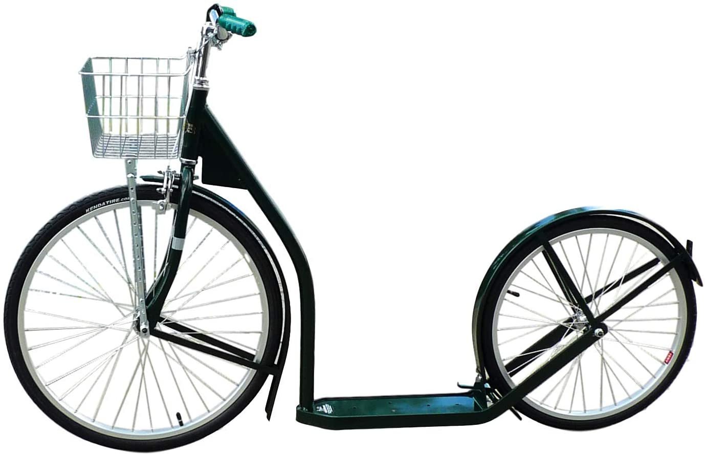 Amish-made deluxe adult kick scooter with 24-inch front wheel and 20-inch rear wheel, sturdy design, and wooden handlebar.
