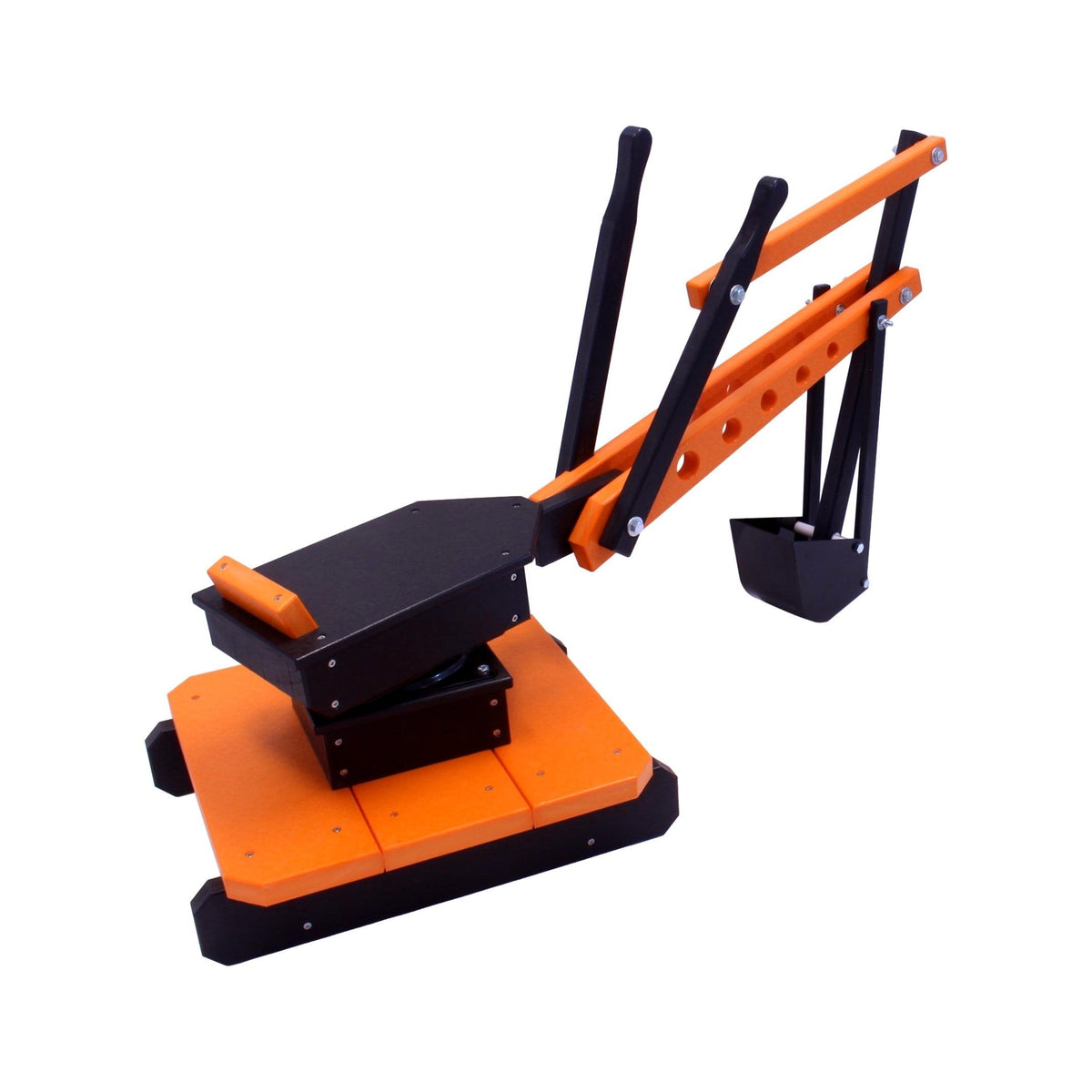 AmishToyBox.com sand digger excavator toy with movable levers and metal digging bucket, suitable for children’s play.