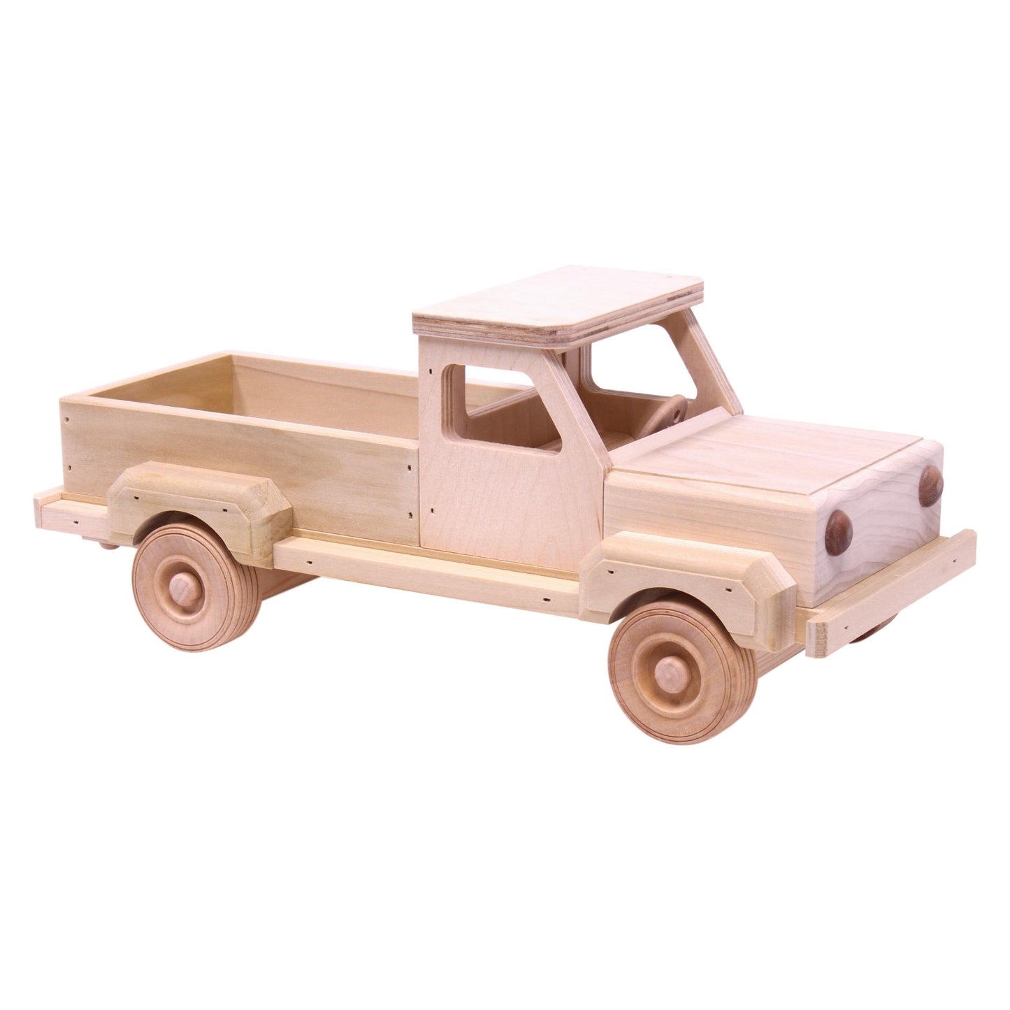 Amish-made unfinished wooden pickup truck toy with hitch, crafted for children, from AmishToyBox.com.
