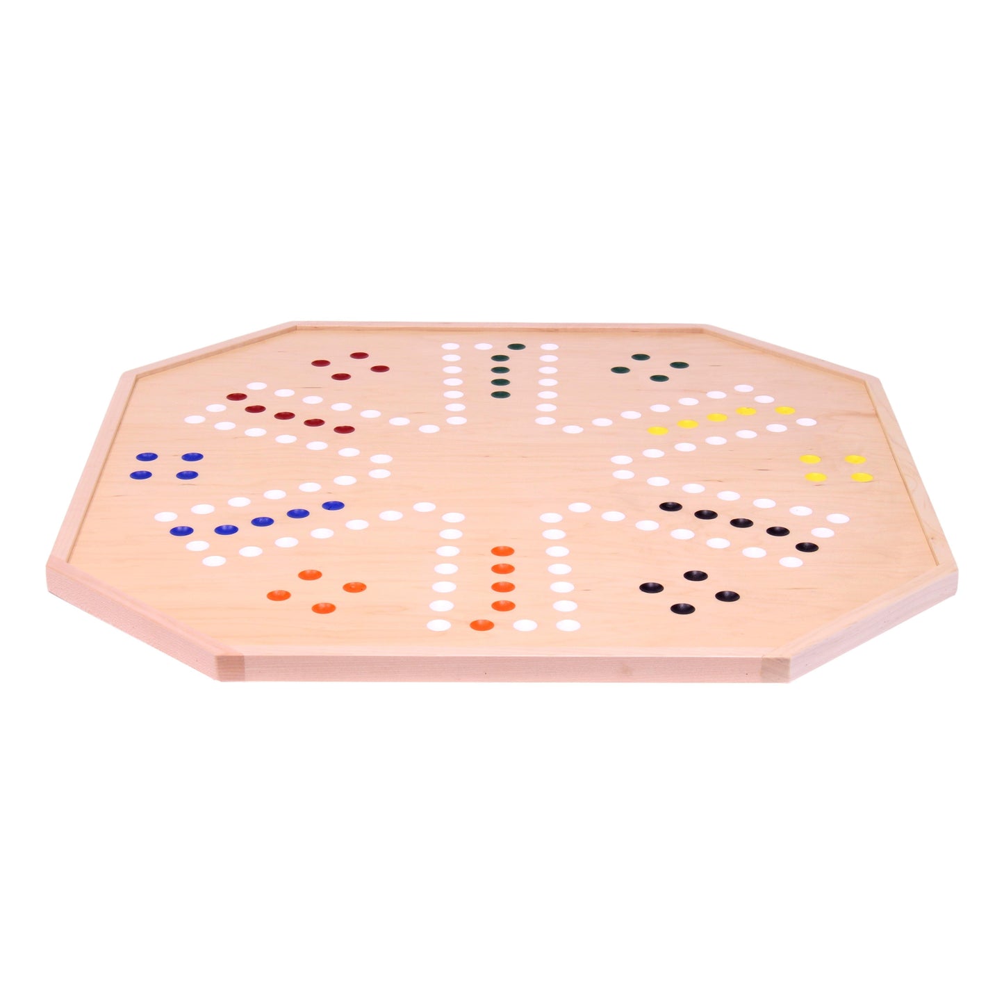 Wooden marble chase board game set by AmishToyBox.com with a 25-inch wide double-sided wooden game board.