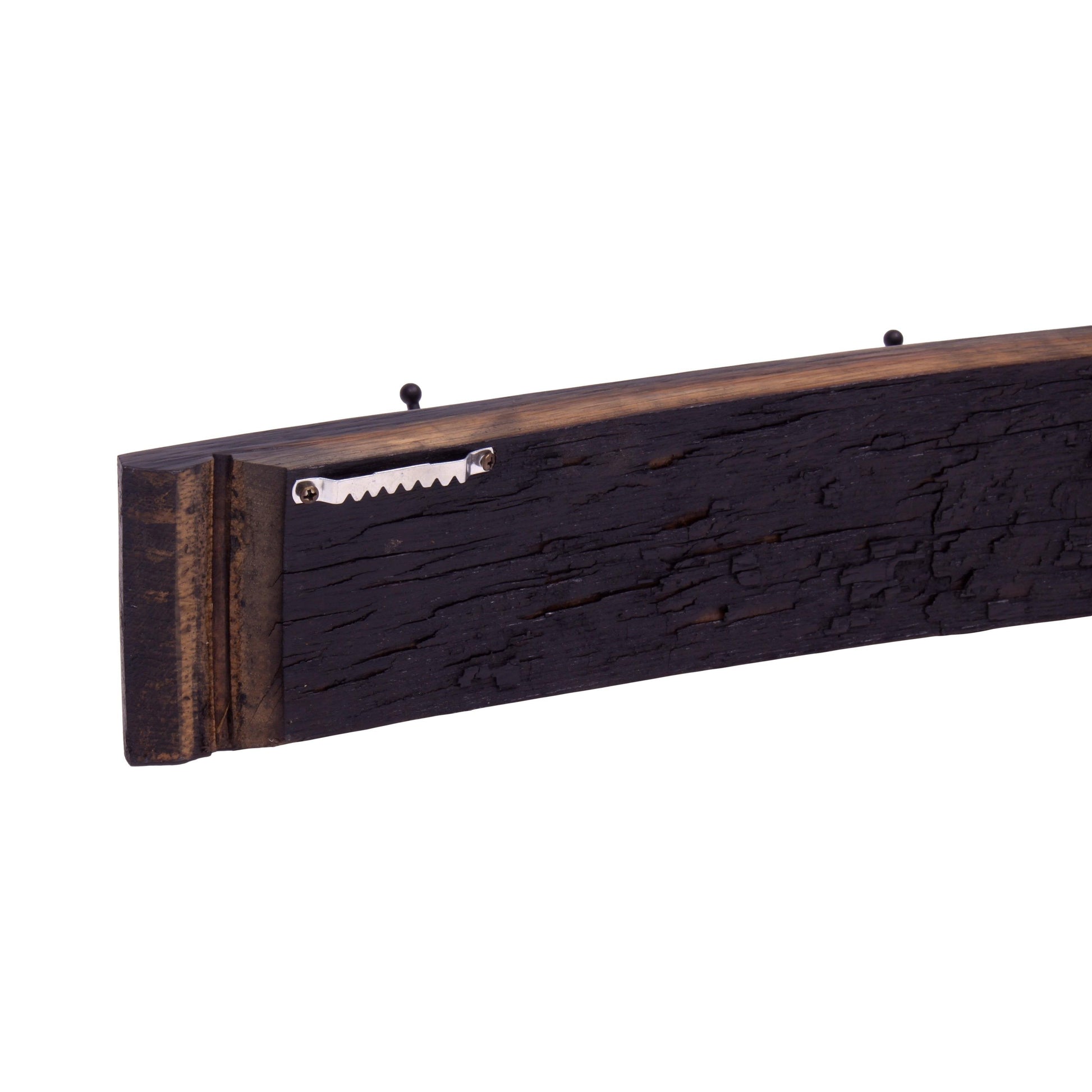 Rustic wooden coat rack with four metal hooks made from reclaimed whiskey barrel staves, crafted by AmishToyBox.com.