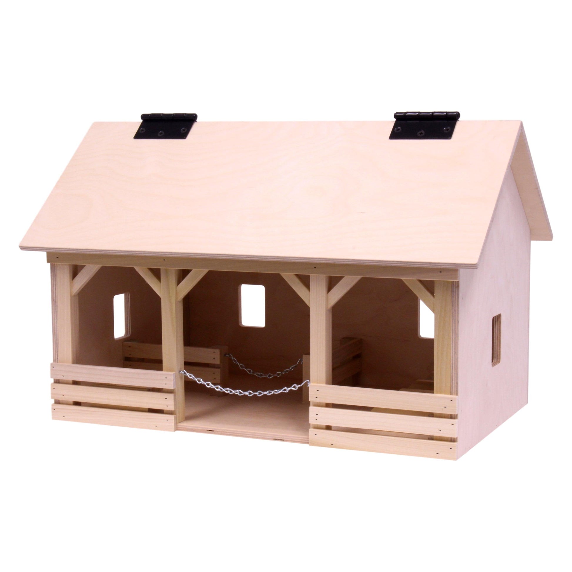 Large wooden A-frame barn toy with hay loft, realistic farm design, made by AmishToyBox.com, ideal for farming play and educational fun.