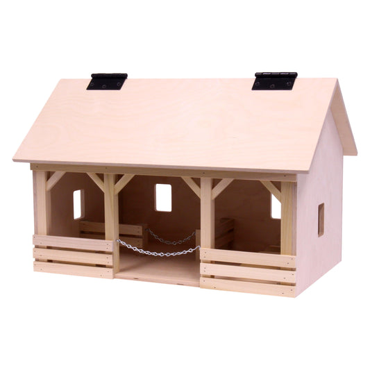 Large wooden A-frame barn toy with hay loft, realistic farm toy from AmishToyBox.com, showcasing detailed wooden farm building and hay storage.