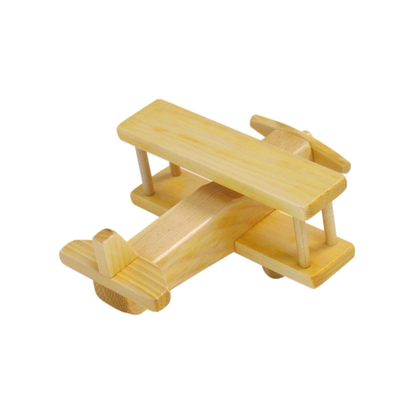 Wooden toy airplane with spinning propeller, child-safe finish, made by AmishToyBox.com, features a classic wooden design and colorful details.