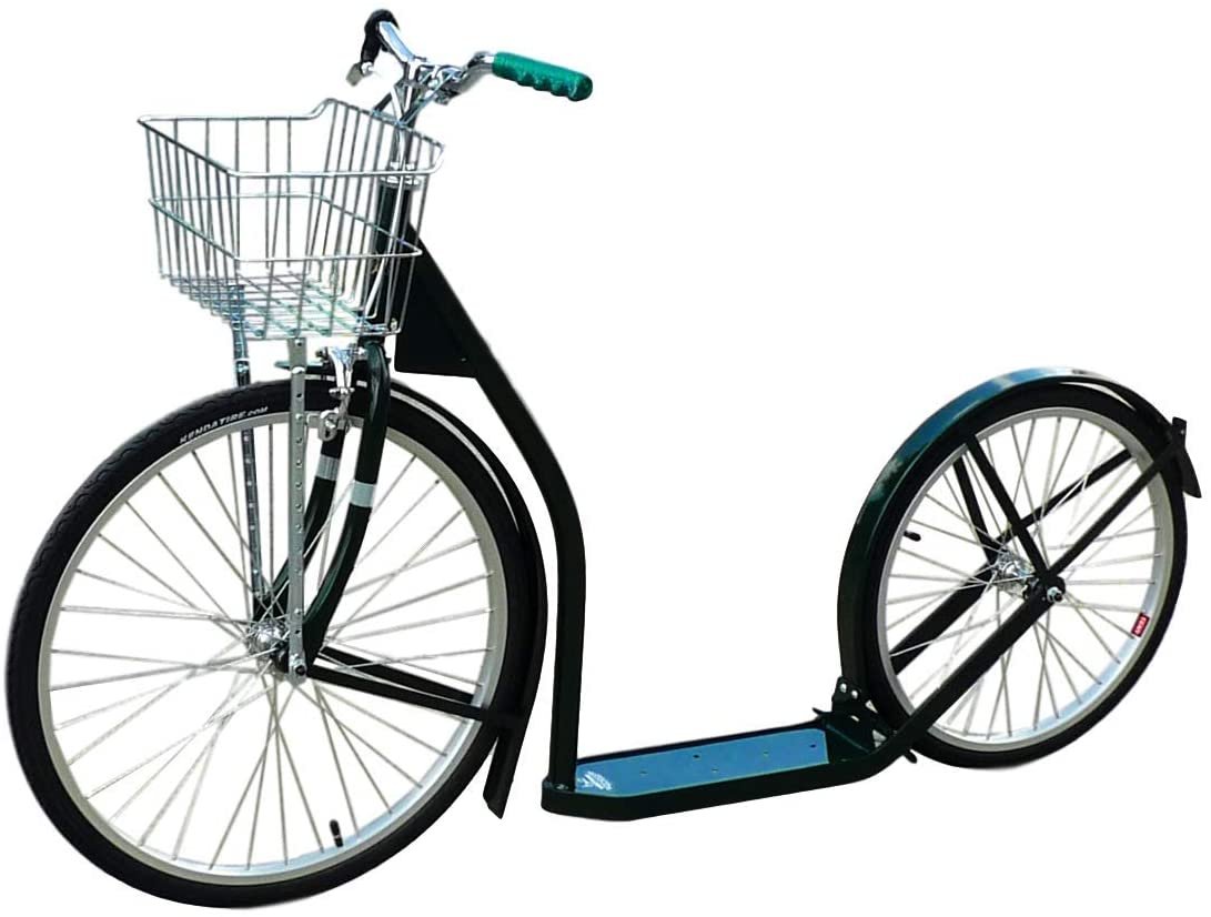 Amish-made deluxe adult kick scooter with 24-inch front wheel and 20-inch rear wheel, black frame, and sturdy handlebars.