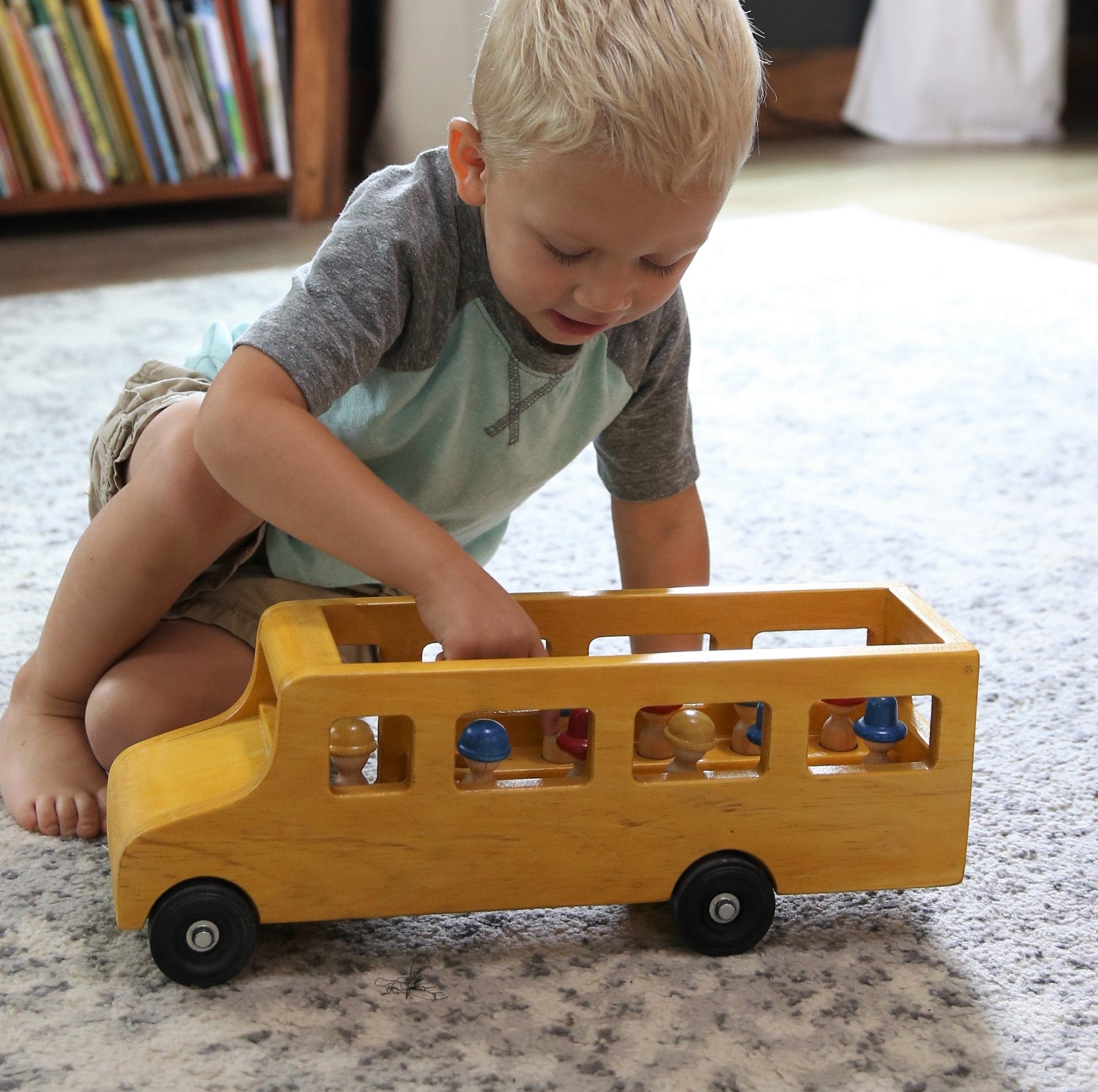 Amish-made wooden school bus toy with child-safe finish, part of AmishToyBox.com wooden trains, trucks, and toys collection.