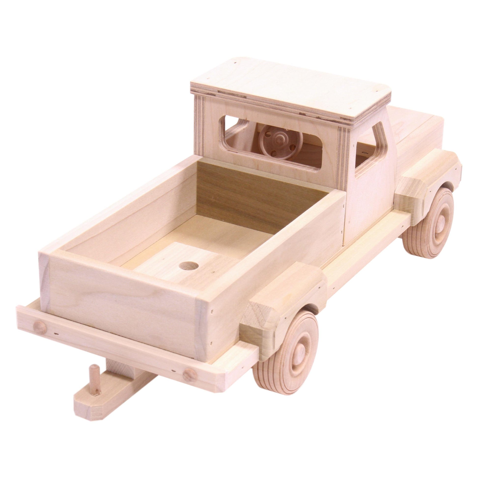 Amish-made wooden pickup truck toy with hitch, unfinished, crafted from natural wood, perfect for children’s farming play activities.