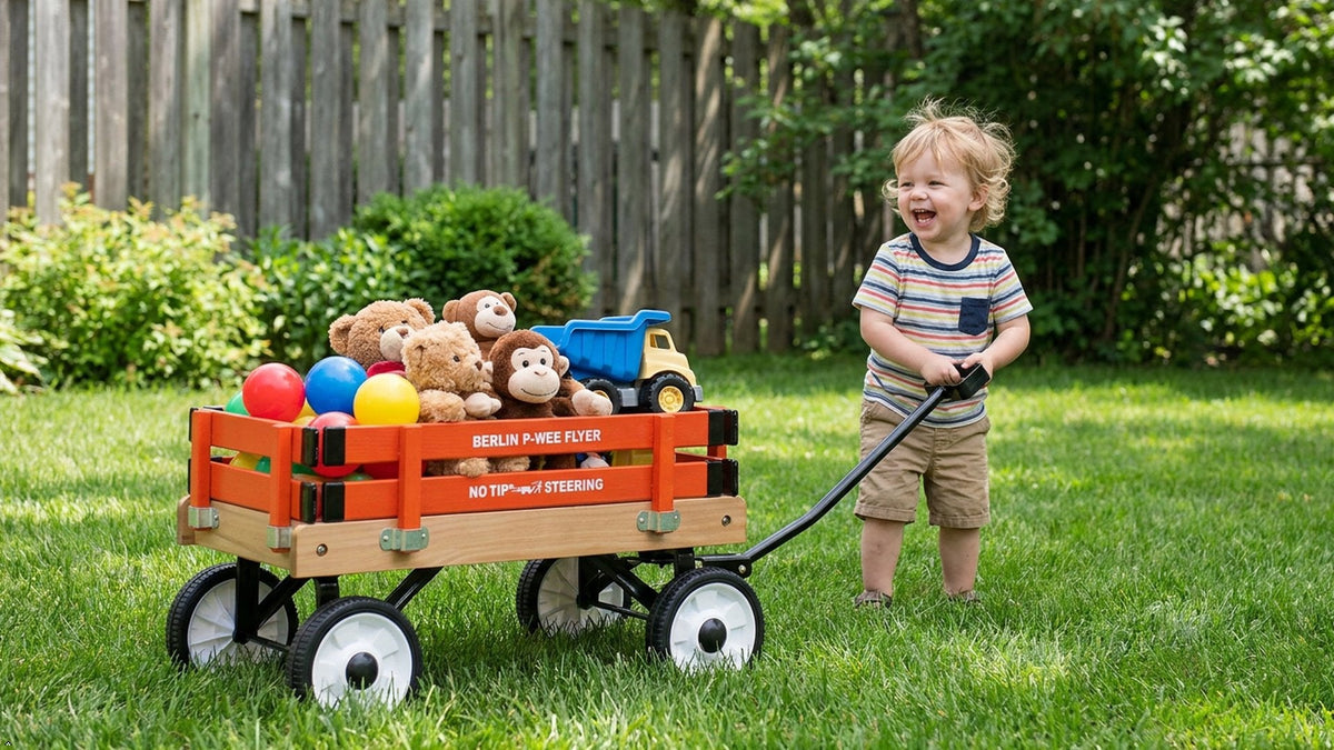 Amish-made Berlin P-Wee Wagon Model F257 by AmishToyBox.com, featuring a small wooden wagon with colorful painted details.