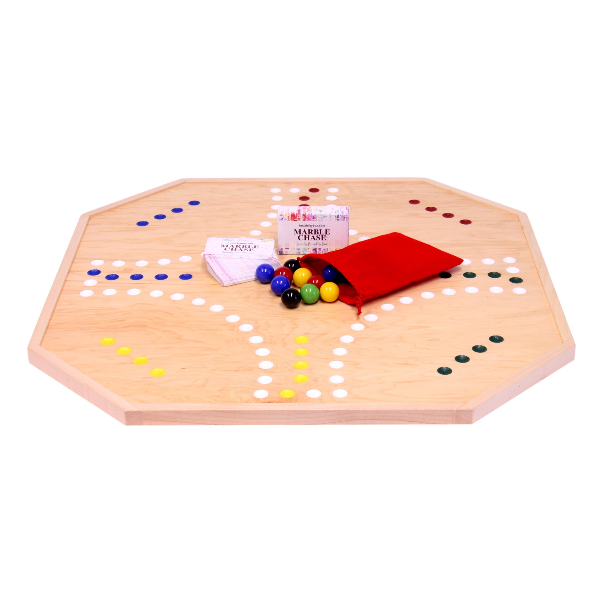 Wooden marble chase board game set by AmishToyBox.com, 25-inch wide double-sided wooden game with intricate marble tracks.