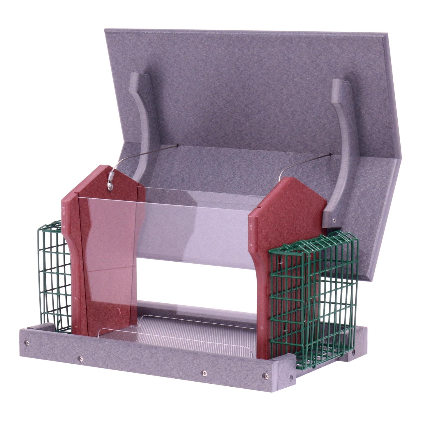Amish-made deluxe bird feeder with suet holder, crafted from durable poly lumber, designed to attract backyard birds.