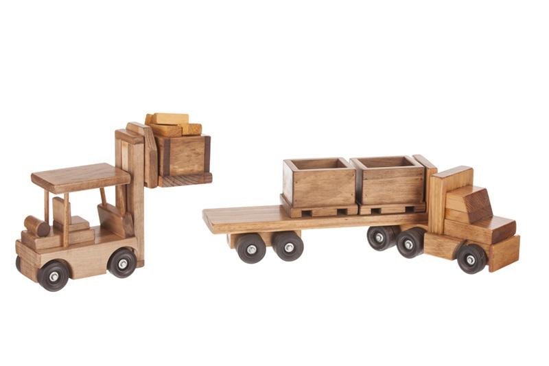 Amish-made large wooden truck and bin trailer with forklift toy set, part of AmishToyBox.com wooden train and truck collection.