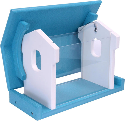 Amish-made bluebird feeder with poly lumber, designed for feeding mealworms, hanging outdoors with bluebirds perched nearby.