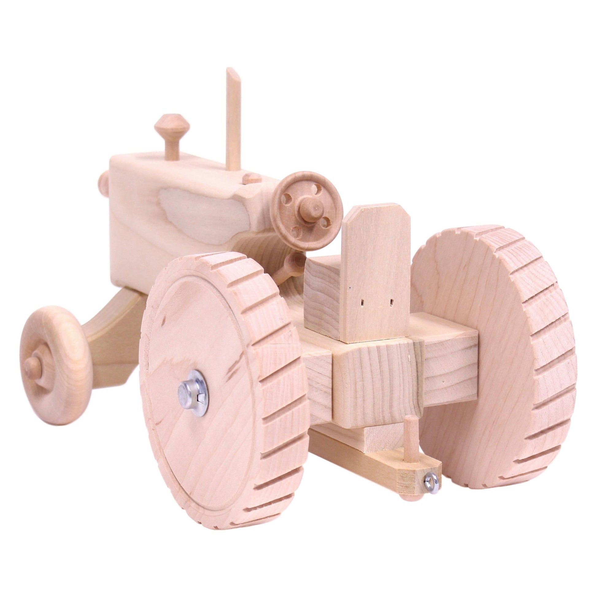 Amish-made unfinished wooden toy tractor with hitch, part of AmishToyBox.com’s Everything Farming collection, suitable for children.