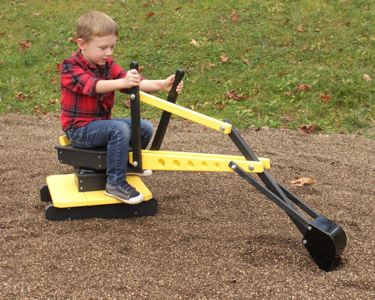 AmishToyBox.com sand digger excavator toy with movable levers and metal digging bucket, perfect for outdoor play and construction fun.