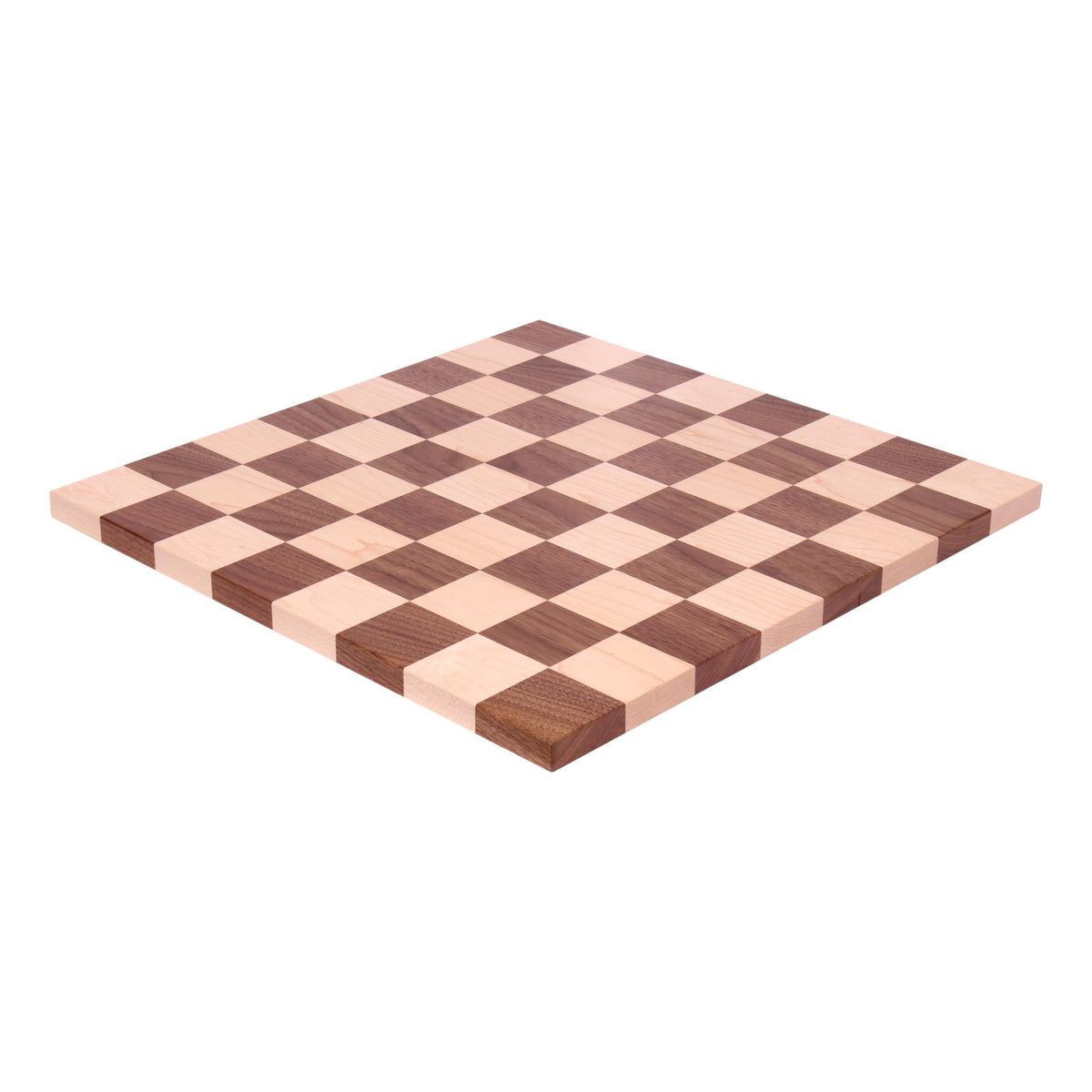 Maple and walnut hardwood 18-inch chess and checkers game board with natural wood finish and detailed craftsmanship.