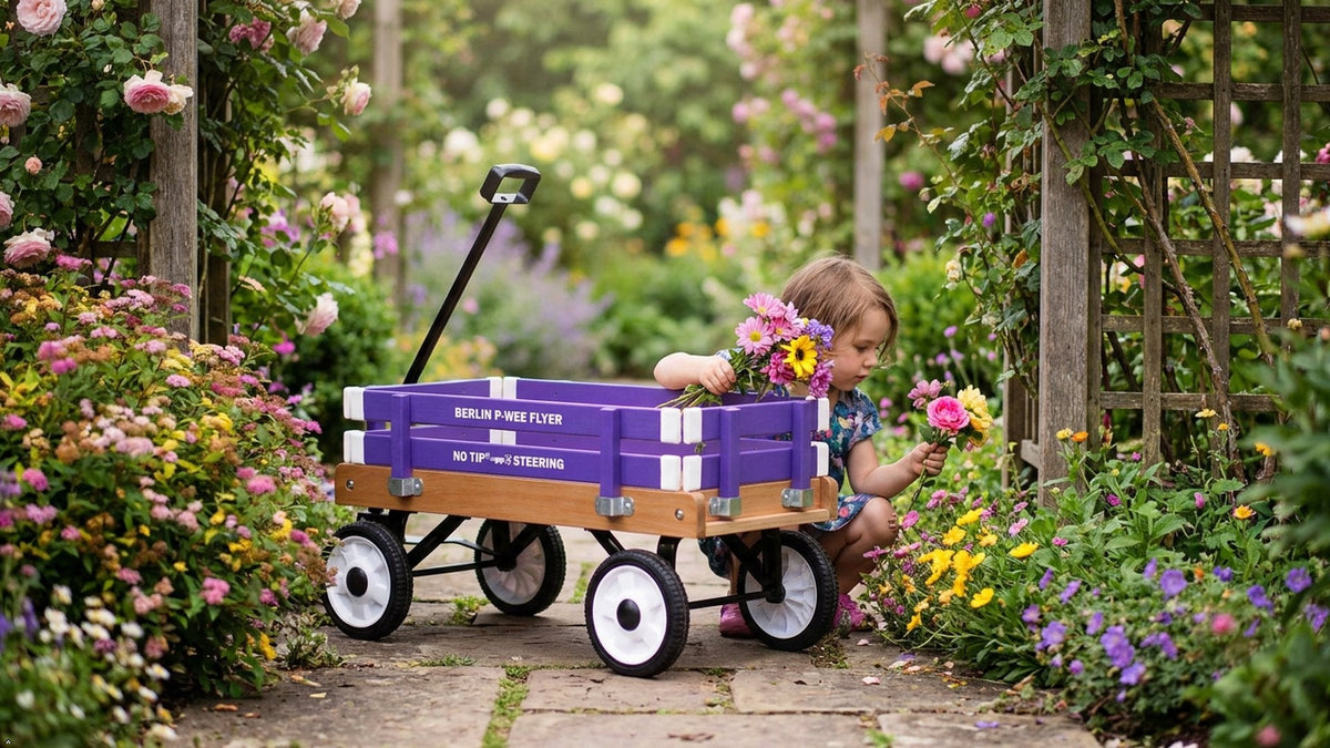 Amish-made Berlin P-Wee Wagon Model F257 by AmishToyBox.com, featuring a wooden wagon with sturdy wheels for children.