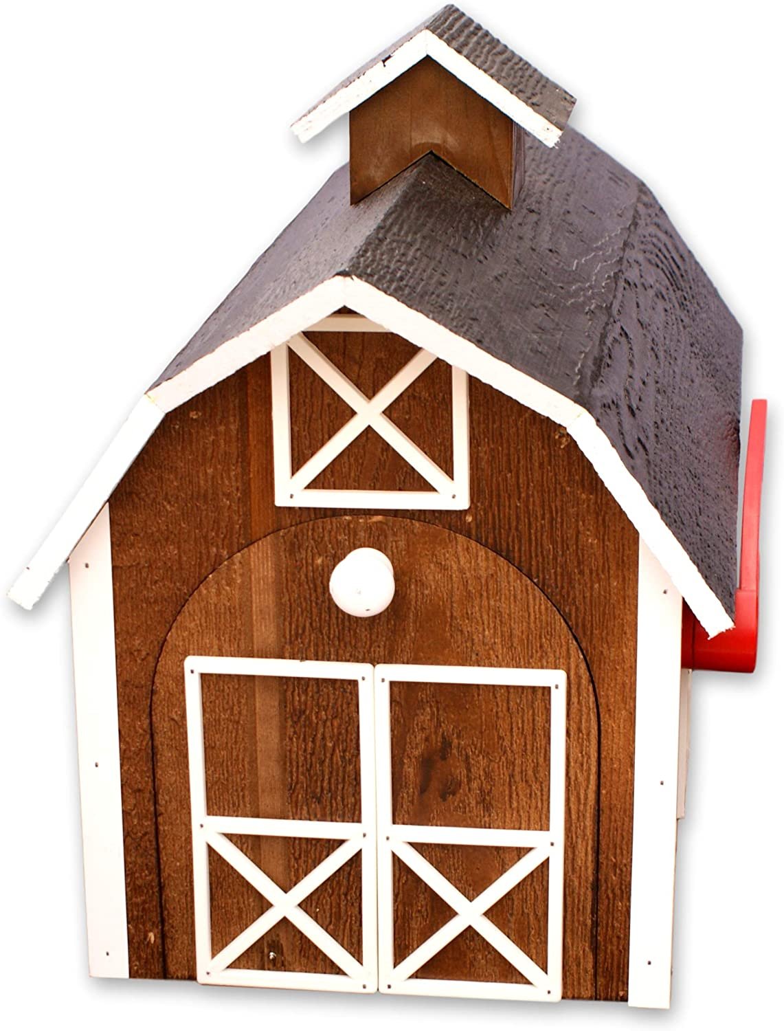 Amish-made wooden Dutch barn style mailbox mounted on a post, handcrafted in natural wood for outdoor home improvement.