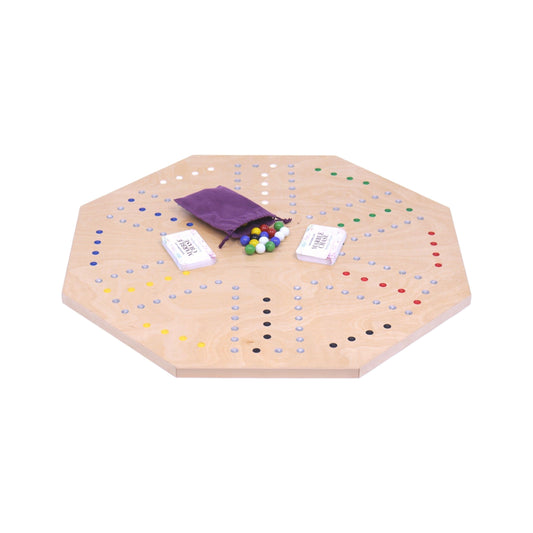 Wooden Marble Chase Game set with a double-sided 23-inch wide board, featuring colorful marbles and handcrafted AmishToyBox craftsmanship.