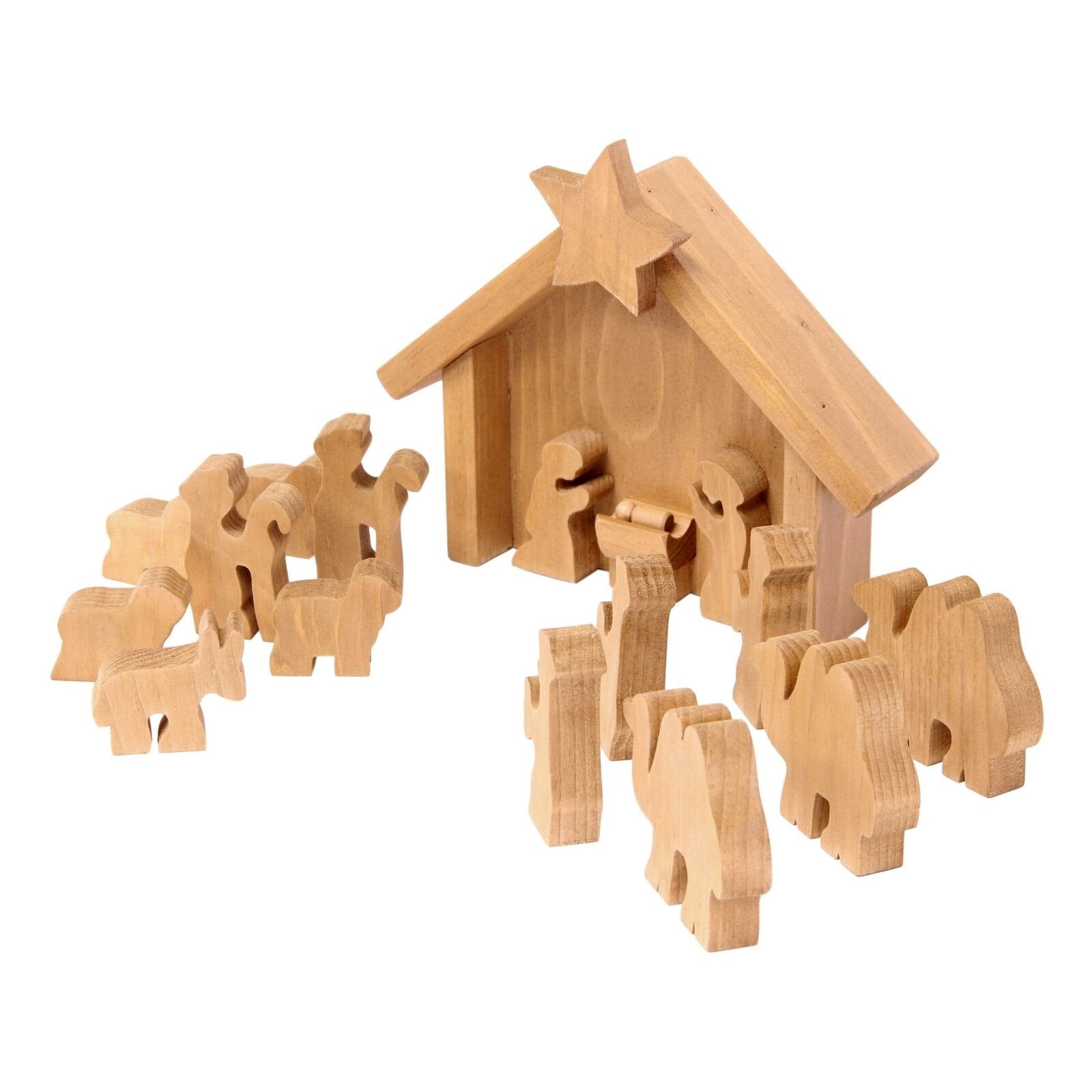 AmishToyBox.com wooden nativity manger scene set with 14 pieces, including figures of Mary, Joseph, baby Jesus, shepherds, and animals.