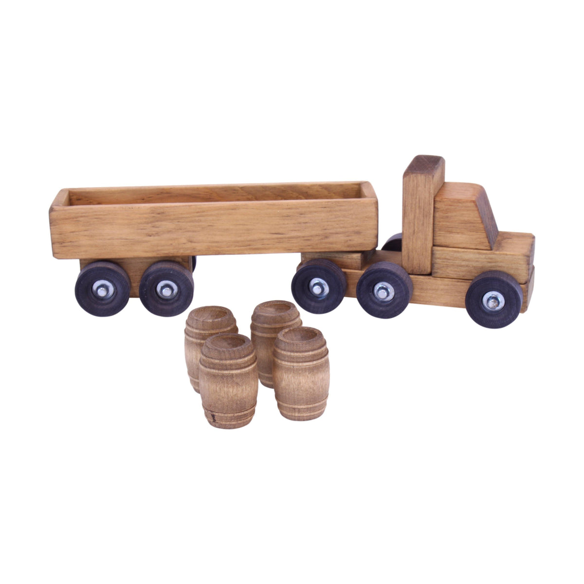 Wooden truck toy with removable barrels, AmishToyBox.com, child-safe harvest stain finish, suitable for wooden train and truck play.
