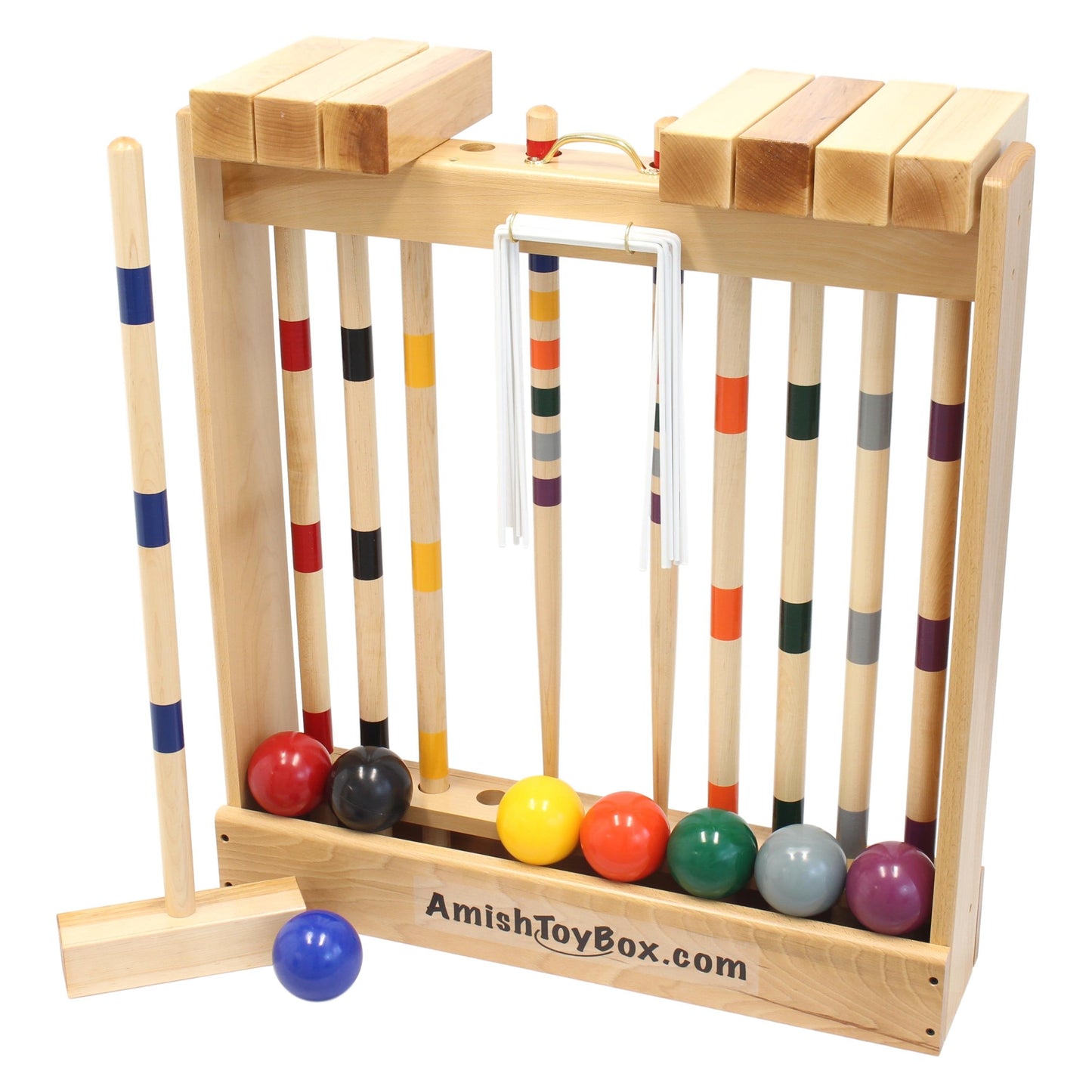 Amish-made family tradition wooden croquet set with 8-player game, includes mallets, balls, and wickets for outdoor fun.