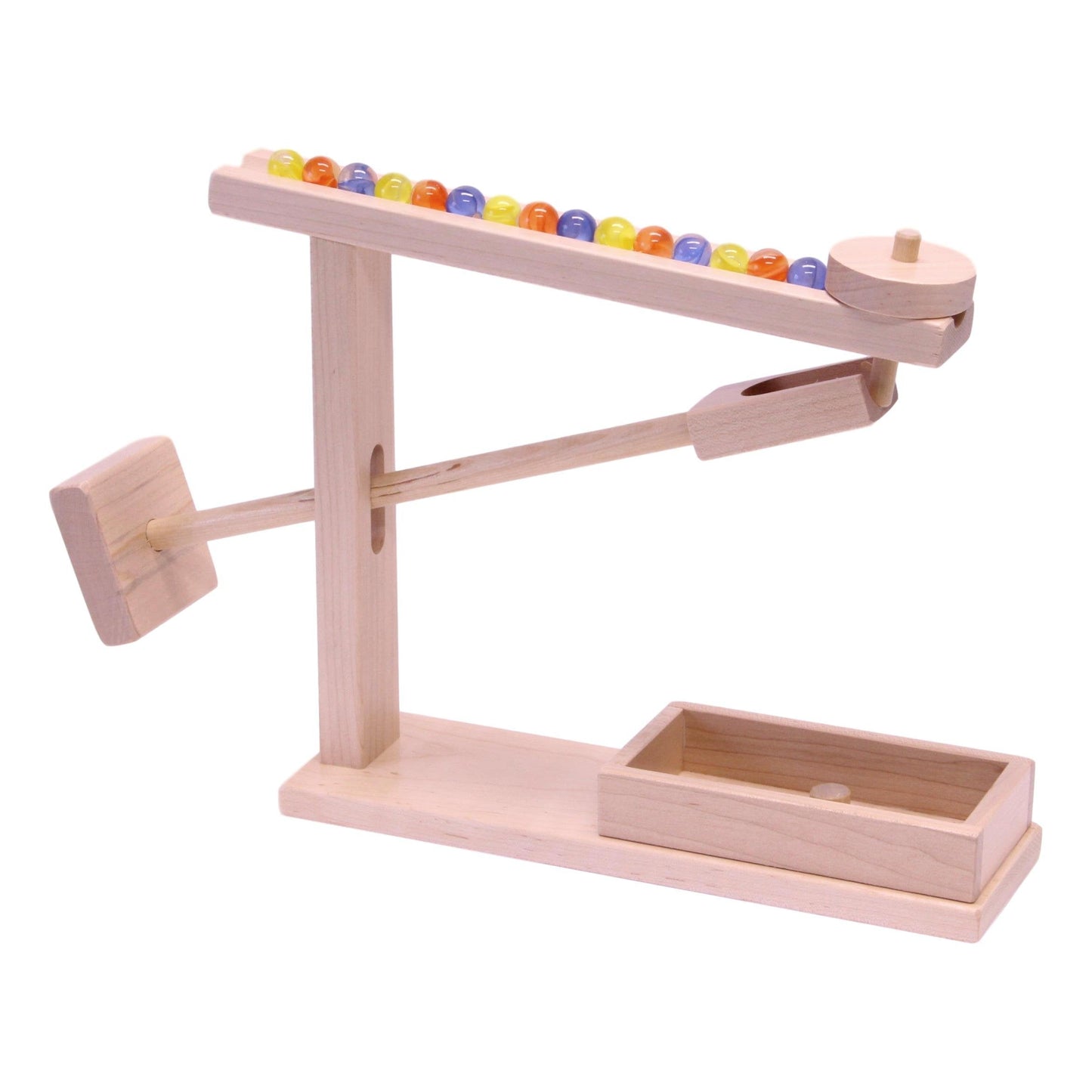 Amish-made wooden marble roller machine toy with child-safe maple and walnut finish, featuring colorful marbles and ball rollers.