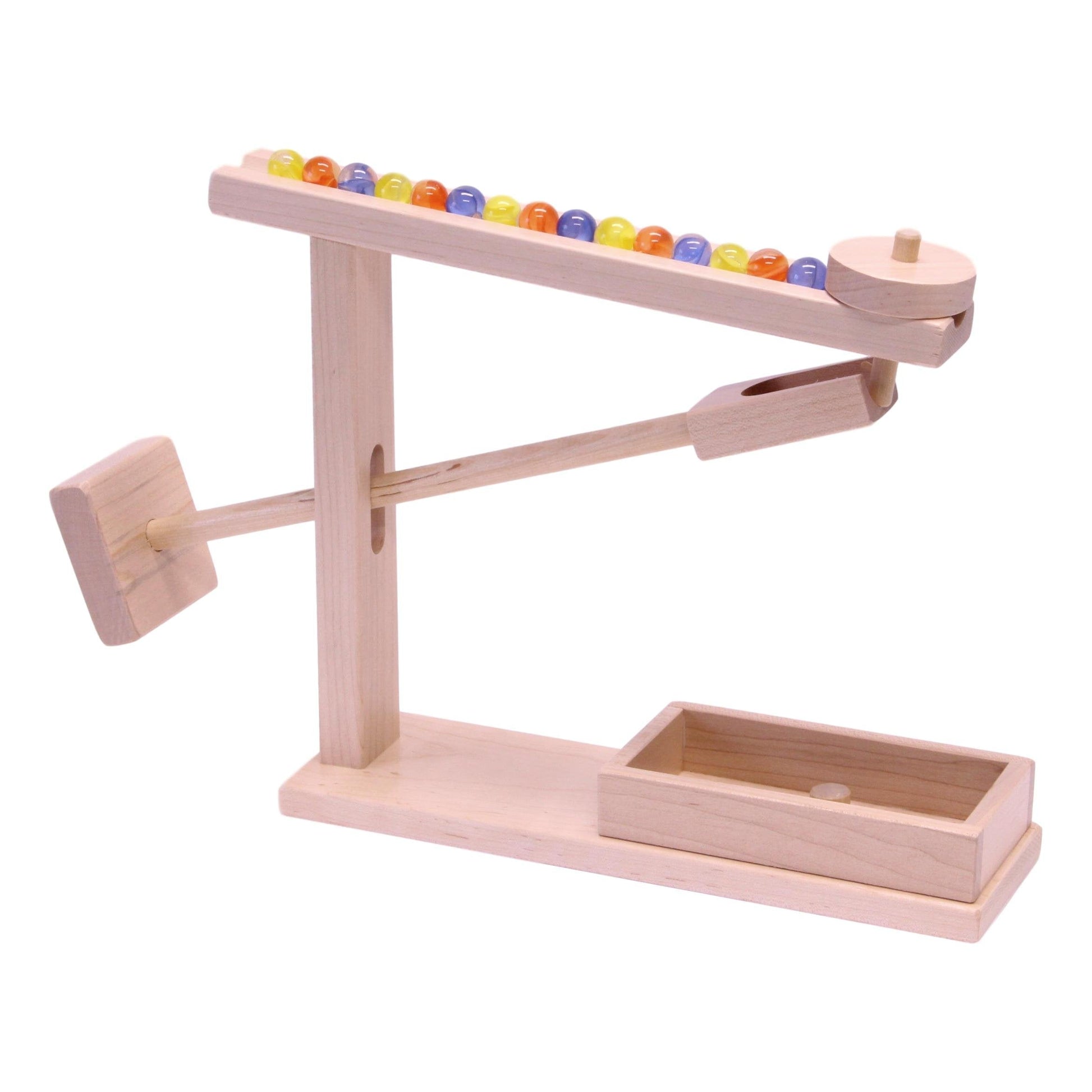 Amish-made wooden marble roller machine toy with child-safe maple and walnut finish, featuring colorful marbles and ball rollers.