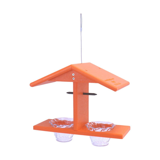 AmishToyBox.com Oriole bird feeder with double cups and pegs for orange halves, designed to attract orioles and other birds.