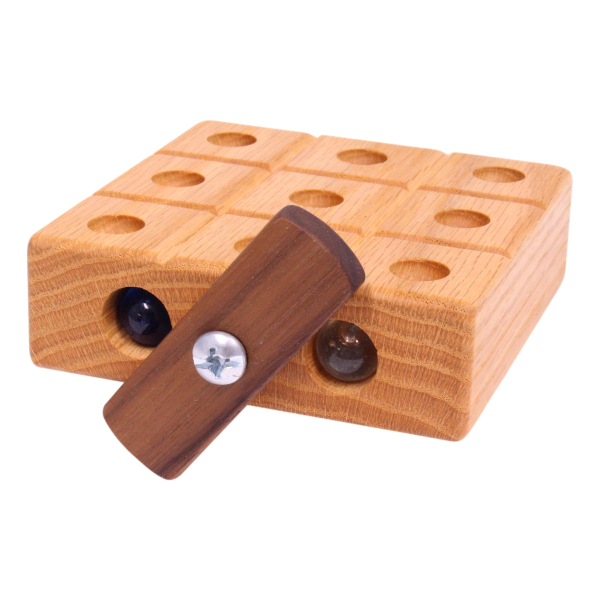 Wooden Marble Tic Tac Toe game with built-in storage for marbles, AmishToyBox.com wooden toy for kids and family play.