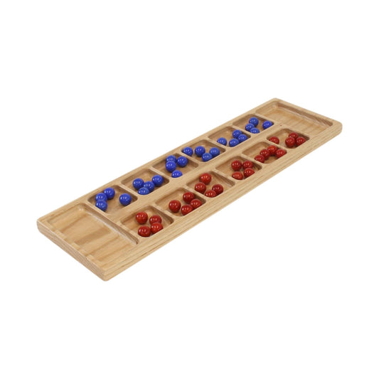 Amish-made solid oak wood Mancala board game set with marbles, featuring natural wood finish and traditional design.
