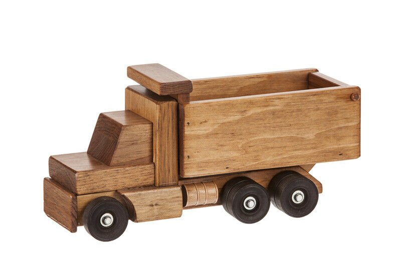 Amish-made wooden toy dump truck with kid-safe finish, part of Wooden Toys, Trains, Trucks and Things collection, child-friendly design.