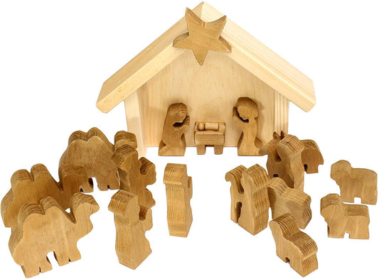 Wooden Nativity Manger Scene Set with 14 pieces, AmishToyBox.com wooden toys depicting the nativity scene with figures and manger.