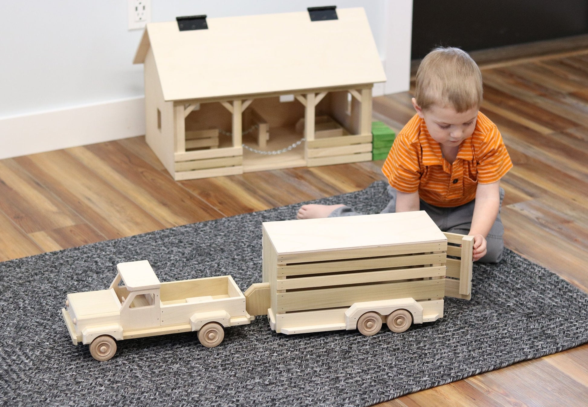 Amish-made wooden pickup and horse trailer toy set from AmishToyBox.com, unfinished farm-themed wooden toys for children.