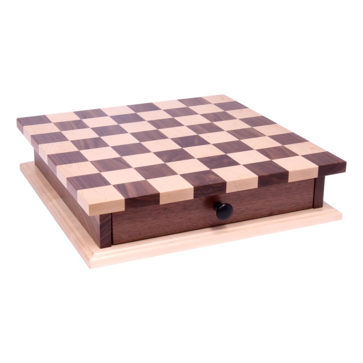 Wooden Deluxe Chess and Checkers game board set with pullout drawer, featuring polished wood surface and game pieces.