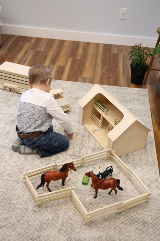 AmishMade unfinished wooden folding corral fence toy with natural wood finish, suitable for children’s play and imaginative scenarios.