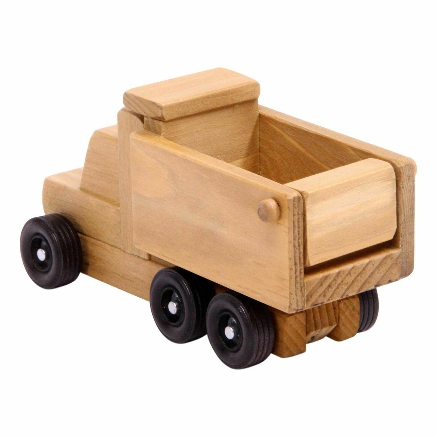Amish-made wooden toy dump truck with kid-safe finish, featuring detailed wheels and a sturdy construction for children’s imaginative play.