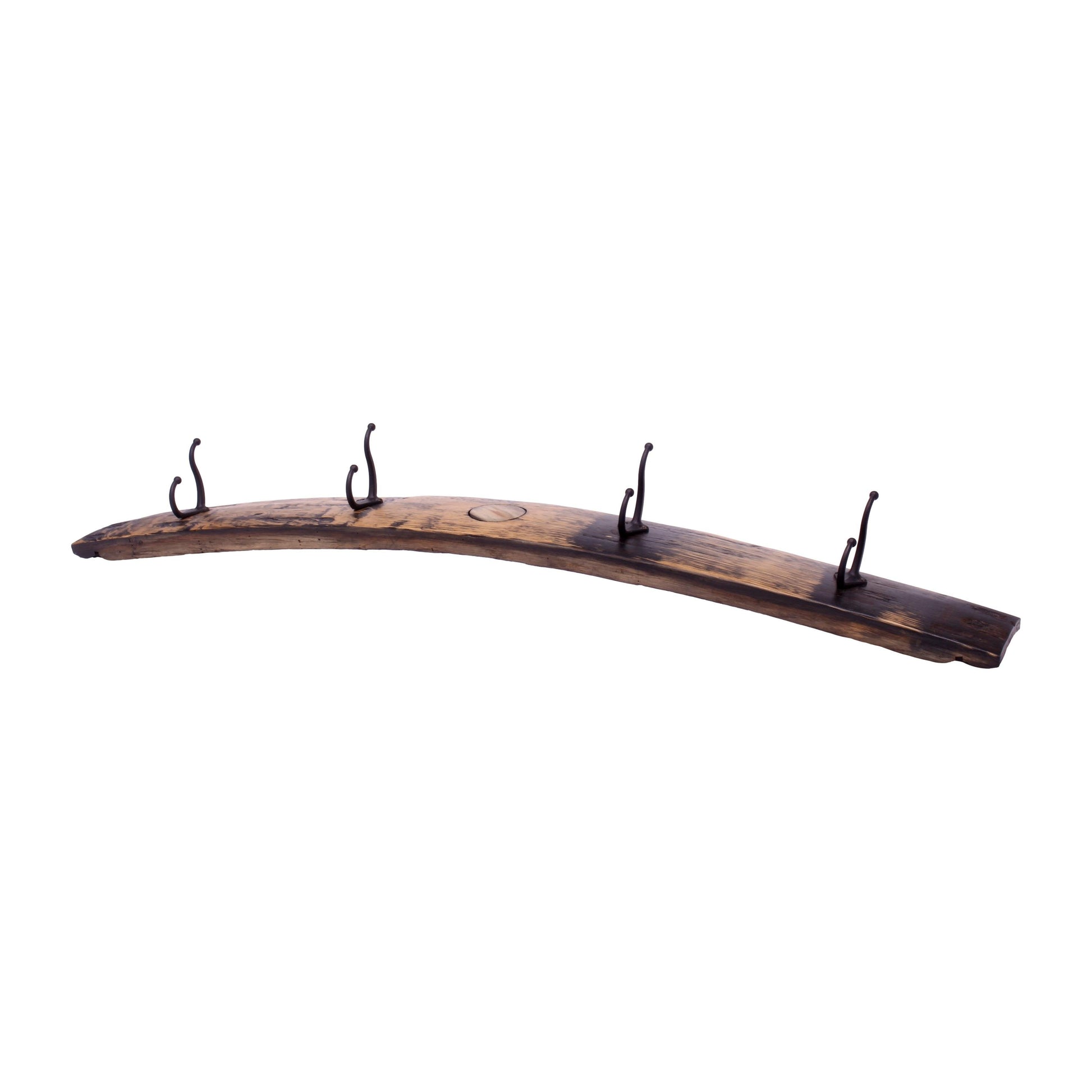Rustic wooden coat rack with four metal hooks made from reclaimed whiskey barrel staves, AmishToyBox.com product.