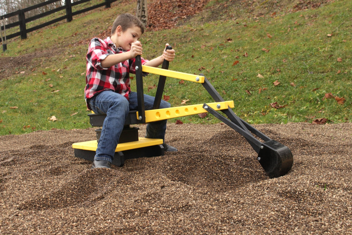 AmishToyBox.com sand digger excavator toy with movable levers and metal digging bucket, realistic construction toy for kids