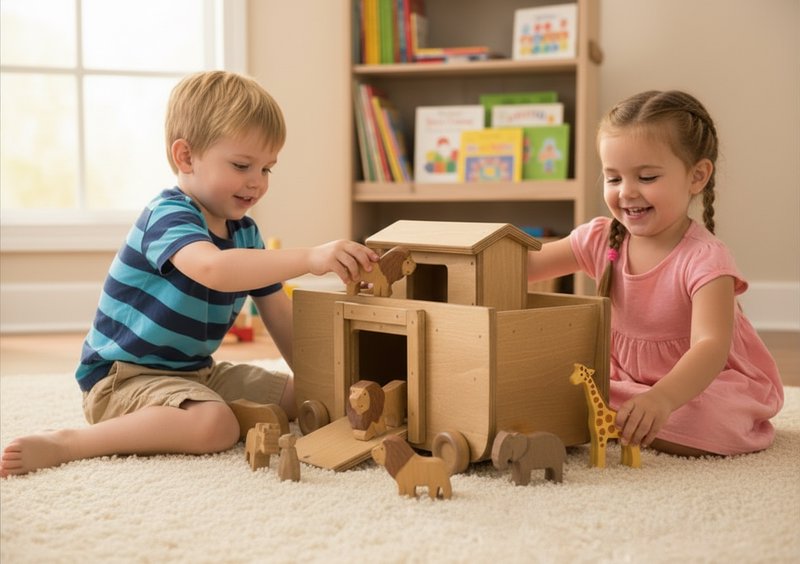 Amish-made wooden Noah's Ark toy with 14 colorful wooden animal figures, perfect for imaginative play.
