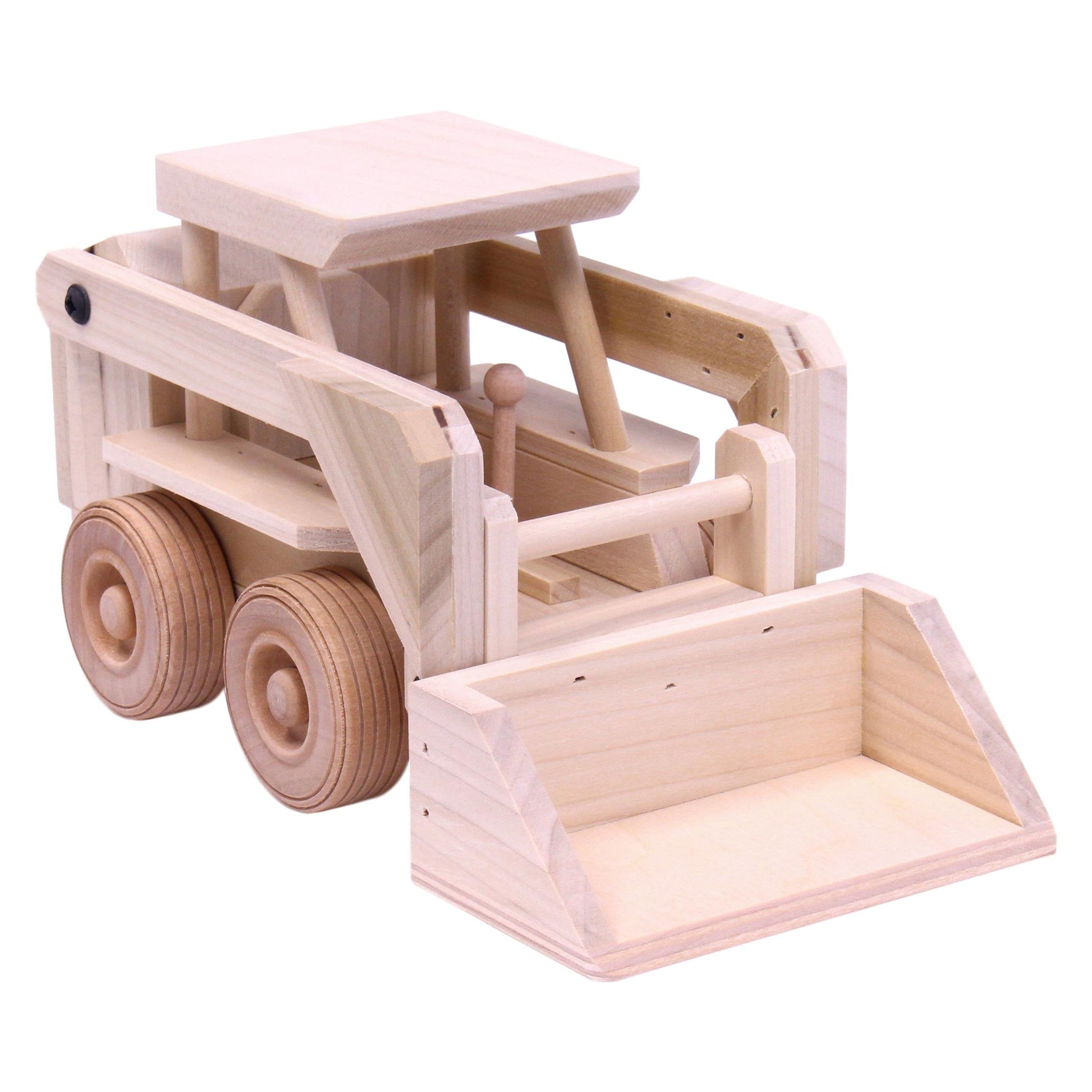 Wooden skid loader toy with movable bucket from AmishToyBox.com, featuring a detailed wooden skid steer construction.