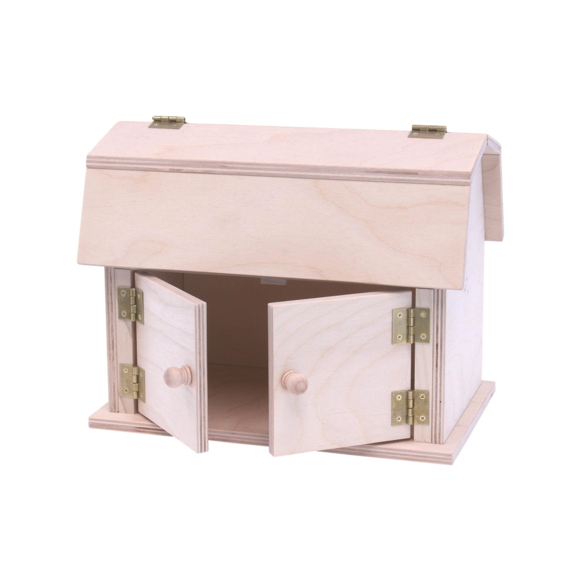 Amish-made mini wooden barn toy with hip roof design, featuring natural wood finish and detailed craftsmanship.