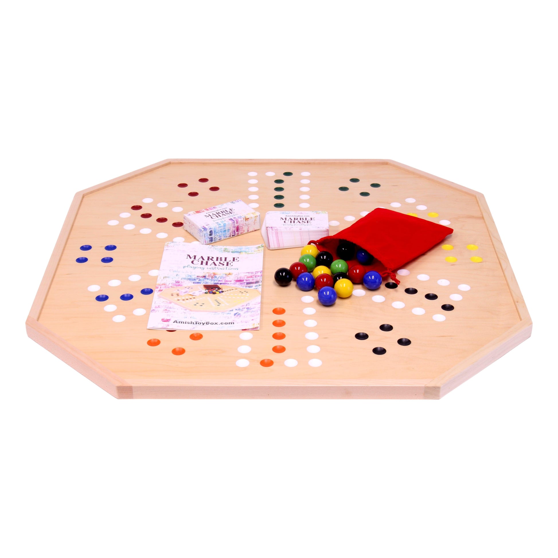 Wooden marble chase board game set with a 25-inch double-sided surface, crafted by AmishToyBox.com for classic family fun.