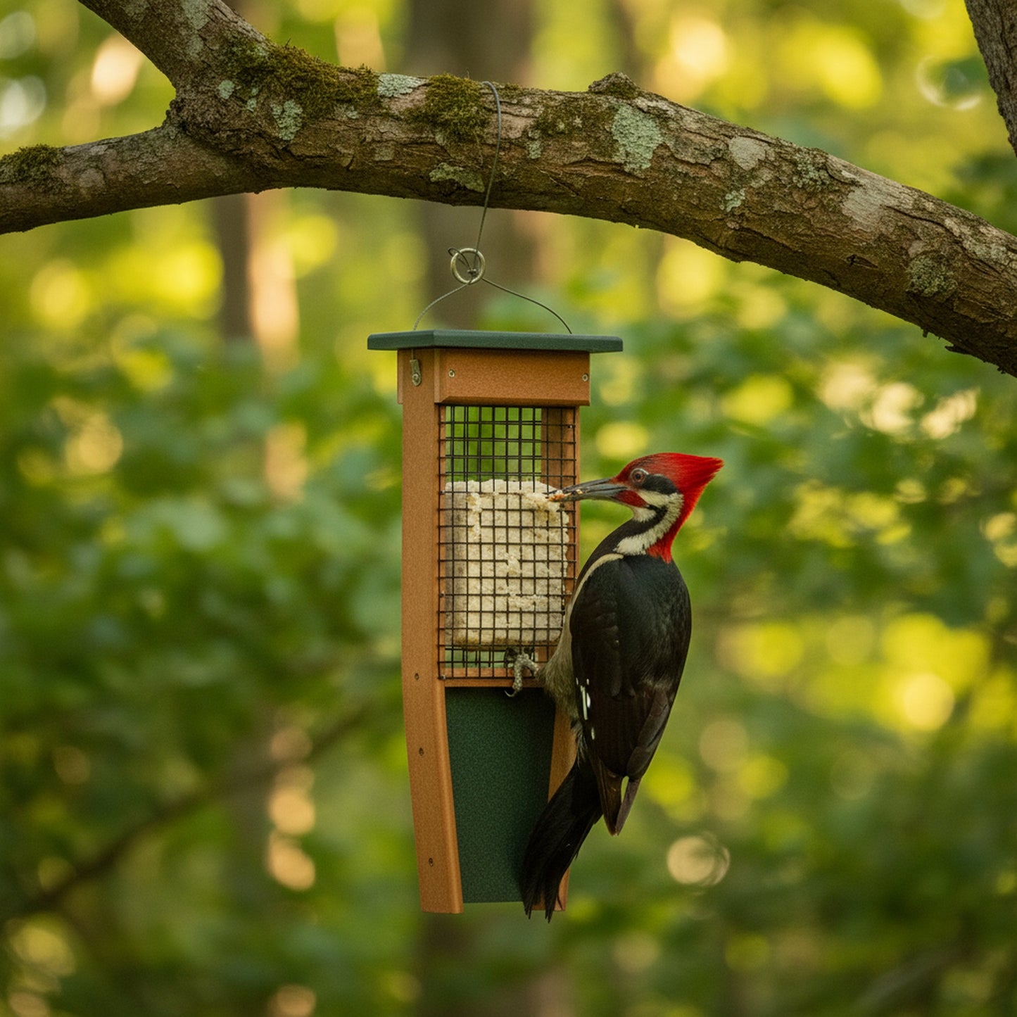 Pileated Woodpecker suet bird feeder from AmishToyBox.com holding two suet cakes for attracting woodpecker visitors.