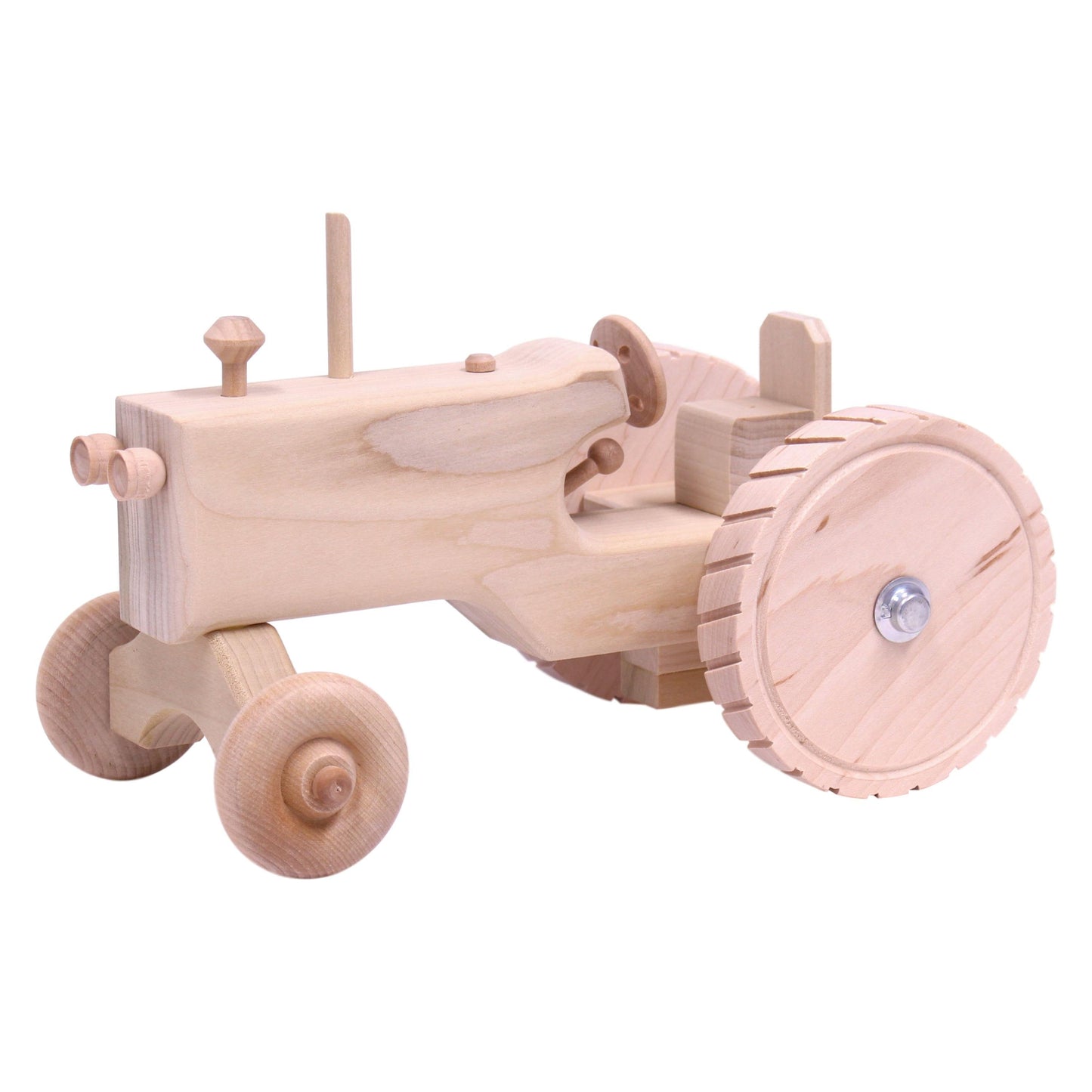 Amish-made unfinished wooden toy tractor with hitch, designed for farming play, by AmishToyBox.com.