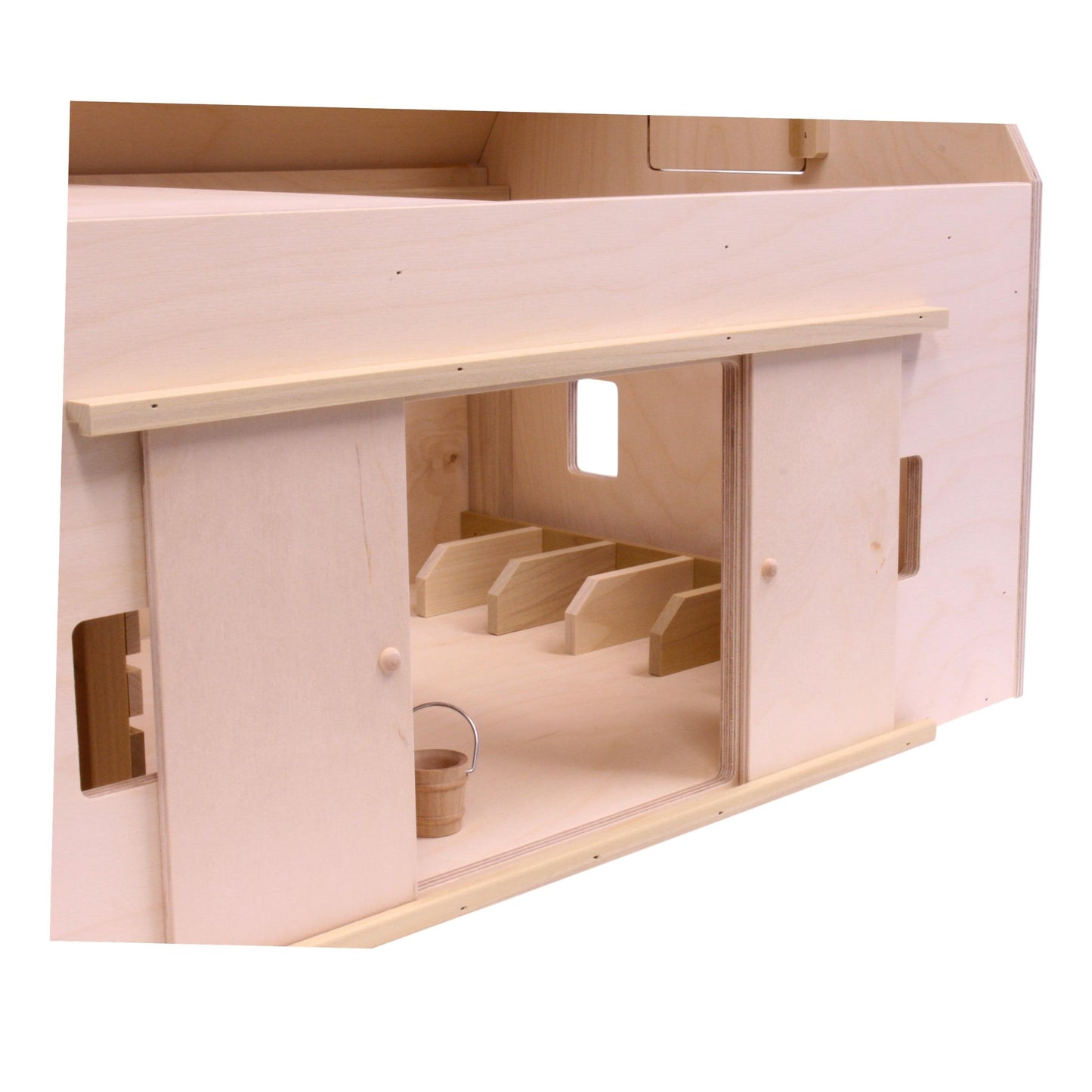 Unfinished large wooden Amish-made barn toy with hip roof, ideal for farming play, crafted by AmishToyBox.com.