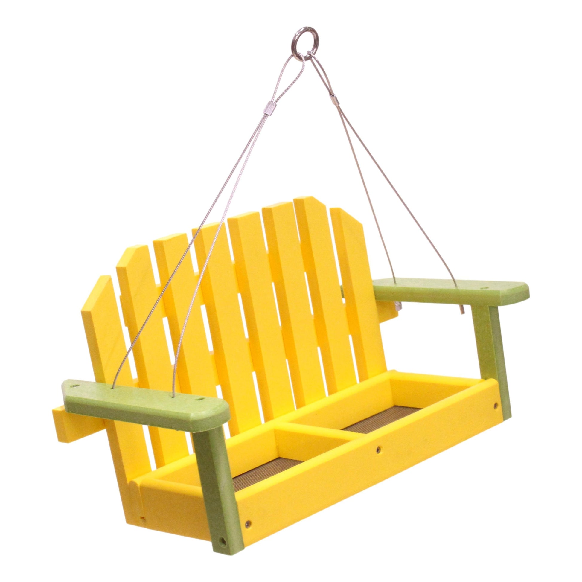 Amish-made eco-friendly poly lumber porch swing bird feeder hanging outside with birds perched on it.